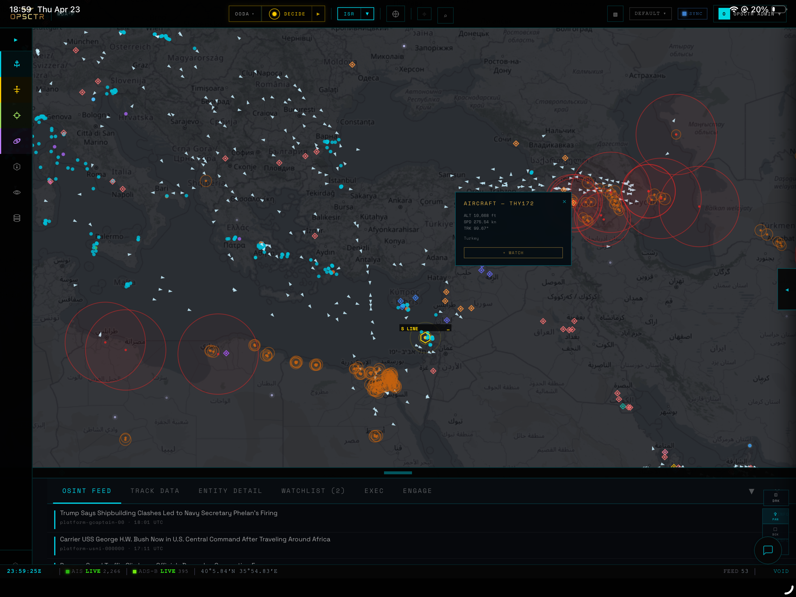 OPSCTR operational map — command view with live entity tracking
