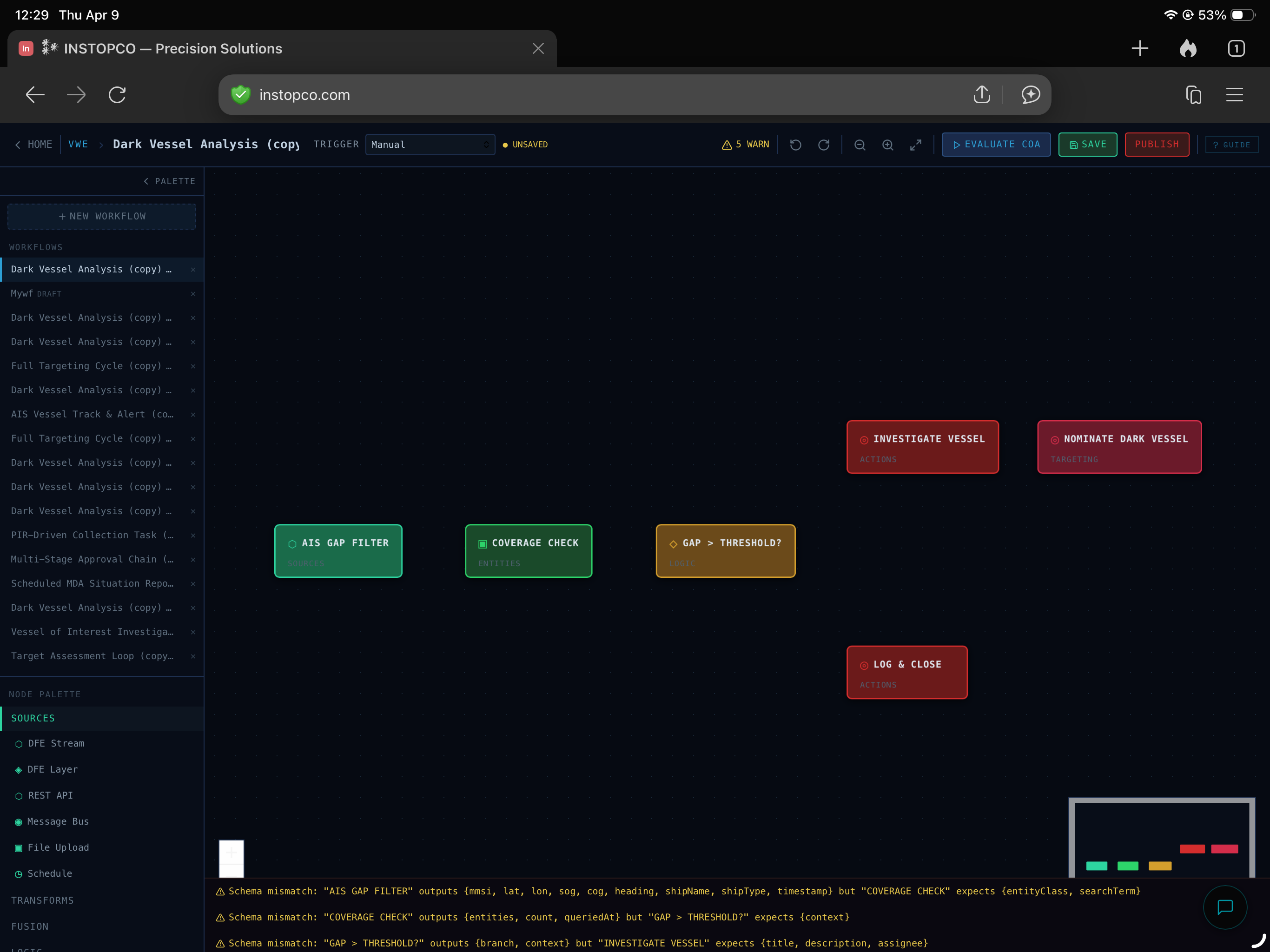 OPSCTR workflow builder — dark vessel analysis with schema validation